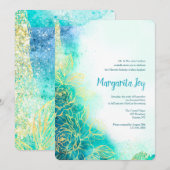 Invitation aquarelle fleurs dorées sarcelle (Devant / Derrière)