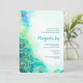 Invitation aquarelle fleurs dorées sarcelle (Debout devant)