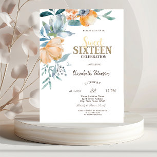 Invitation Aquarelle Fleurs Dusty Blue Sweet 16