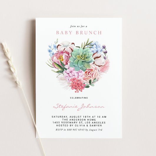 Invitation Aquarelle Fleurs et Coeur Succulent Brunch bébé