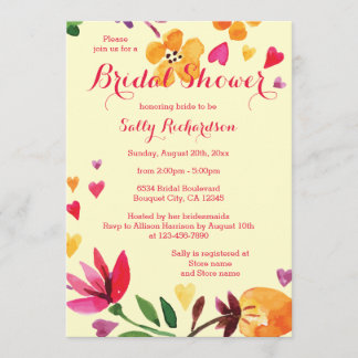 Invitation Aquarelle Fleurs et Fête des mariées Coeurs