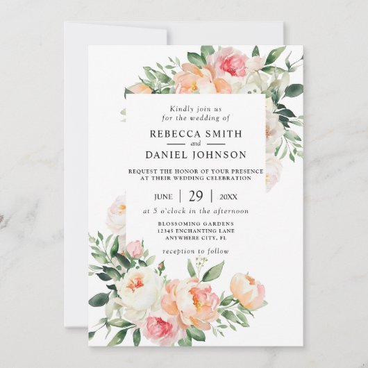 Invitation Aquarelle Fleurs et Feuillage Mariage Rose Pêche (Devant)