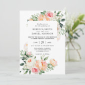 Invitation Aquarelle Fleurs et Feuillage Mariage Rose Pêche (Debout devant)