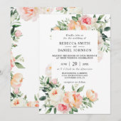 Invitation Aquarelle Fleurs et Feuillage Mariage Rose Pêche (Devant / Derrière)