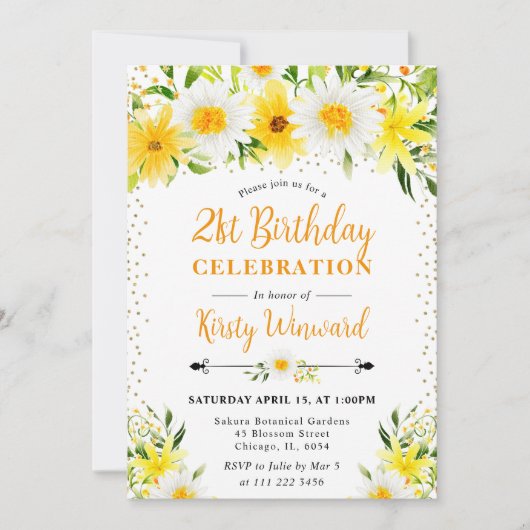 Invitation Aquarelle Fleurs et marguerites Jaunes 21e anniver (Devant)