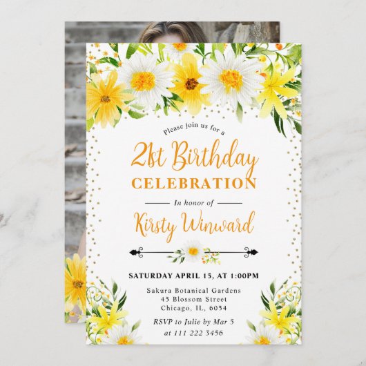 Invitation Aquarelle Fleurs et marguerites Jaunes 21e anniver (Devant / Derrière)