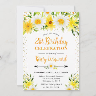 Invitation Aquarelle Fleurs et marguerites Jaunes 21e anniver