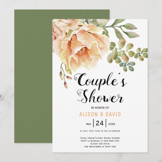 Invitation Aquarelle fleurs fleurie mariage couple douche (Devant / Derrière)