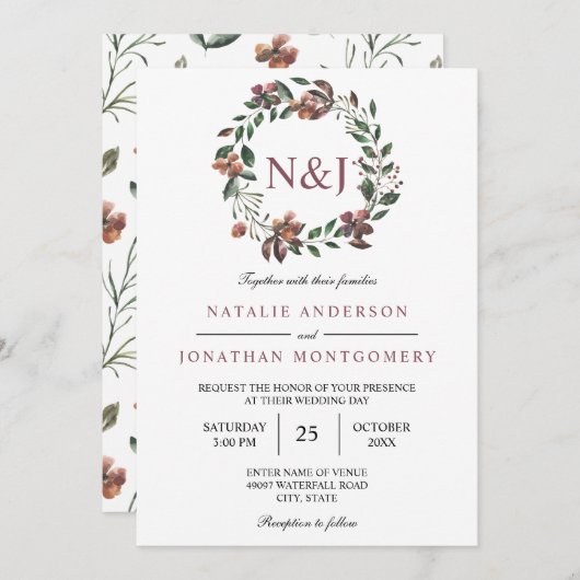 Invitation aquarelle fleurs florales fleurs élégantes (Devant / Derrière)