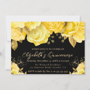 Invitation Aquarelle Fleurs Jaunes et Or Quinceanera