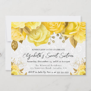 Invitation Aquarelle Fleurs Jaunes et Or Sweet sixteen