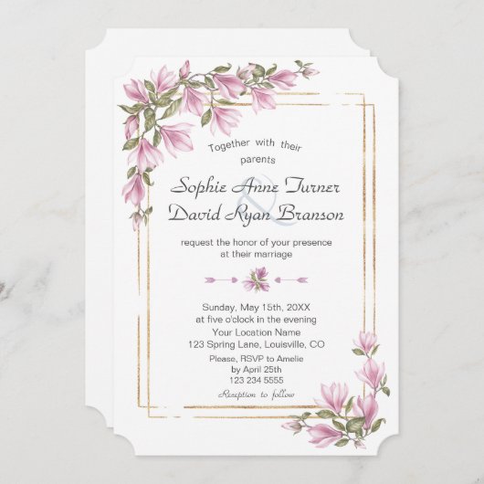 Invitation Aquarelle Fleurs Magnolia Mariage or en fleurs (Devant / Derrière)