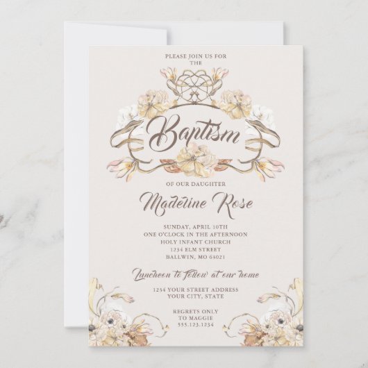 Invitation Aquarelle Fleurs naturelles séchées Baptême (Devant)