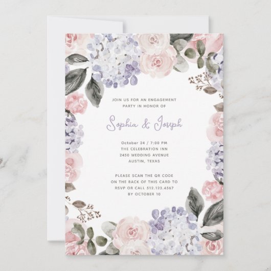 Invitation Aquarelle Fleurs Photo QR Code Engagement Partie (Devant)