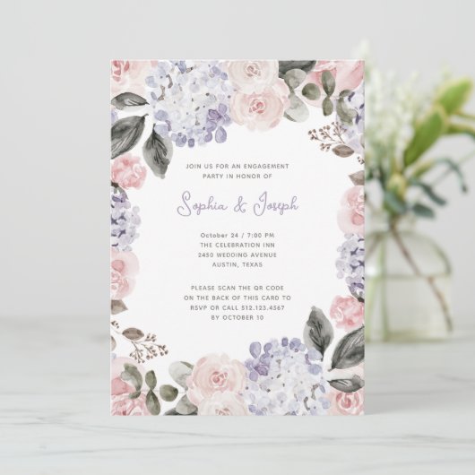 Invitation Aquarelle Fleurs Photo QR Code Engagement Partie (Debout devant)