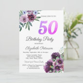 Invitation Aquarelle Fleurs pourpres 50e fête d'anniversaire (Debout devant)