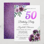 Invitation Aquarelle Fleurs pourpres 50e fête d'anniversaire (Devant / Derrière)