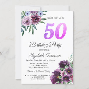Invitation Aquarelle Fleurs pourpres 50e fête d'anniversaire