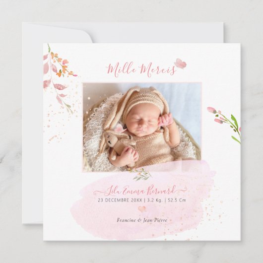 Invitation Aquarelle Fleurs - Ravitaillement Naissance Fille (Devant)