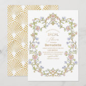 Invitation Aquarelle fleurs rétro or Fête des mariées (Devant / Derrière)