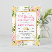 Invitation Aquarelle Fleurs rose et jaune 50e anniversaire (Debout devant)