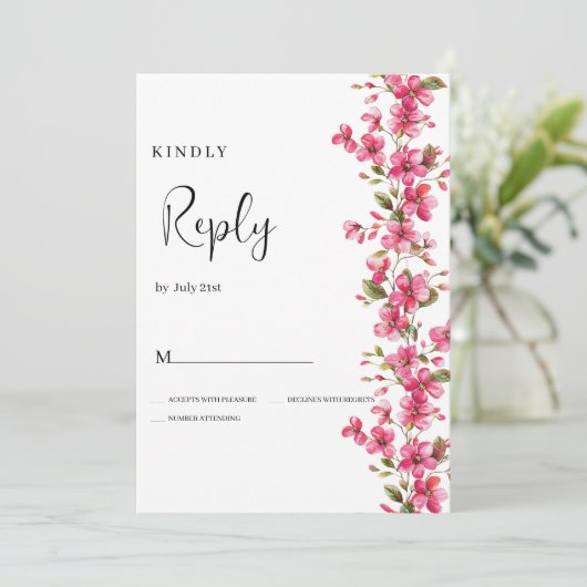 Invitation Aquarelle fleurs rose vif RSVP (Debout devant)