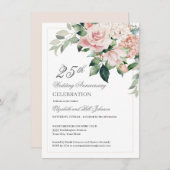 Invitation Aquarelle Fleurs roses 25e anniversaire Mariage (Devant / Derrière)