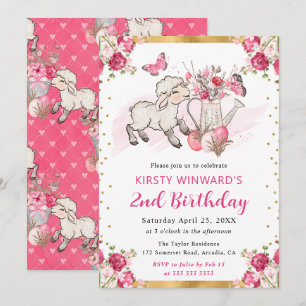 Invitation Aquarelle Fleurs Roses Agneau de Printemps Anniver