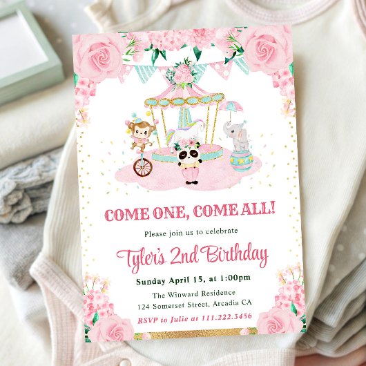 Invitation Aquarelle Fleurs roses Animaux Fête d'anniversaire