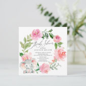 Invitation Aquarelle Fleurs roses Baby shower éléphant (Debout devant)