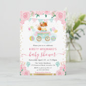 Invitation Aquarelle Fleurs roses Baby shower Fox (Debout devant)