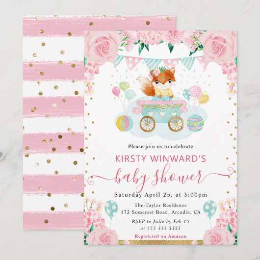 Invitation Aquarelle Fleurs roses Baby shower Fox (Devant / Derrière)