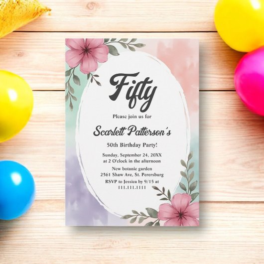 Invitation Aquarelle Fleurs roses Boho Été 50e anniversaire