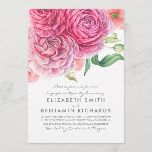Invitation Aquarelle Fleurs roses Élégante Partie d'engagemen