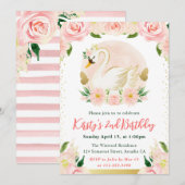 Invitation Aquarelle Fleurs roses et Swan Anniversaire (Devant / Derrière)