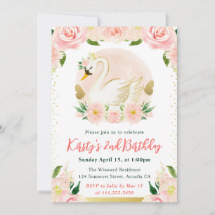 Invitation Aquarelle Fleurs roses et Swan Anniversaire