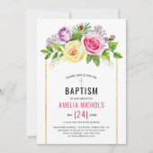 Invitation Aquarelle fleurs roses floral rose Baptême (Devant)
