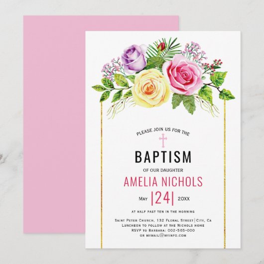 Invitation Aquarelle fleurs roses floral rose Baptême (Devant / Derrière)