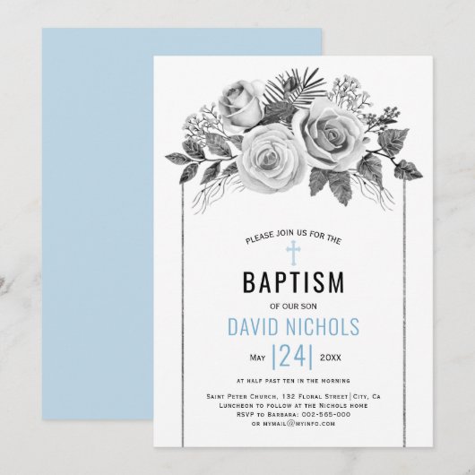 Invitation Aquarelle fleurs roses gris floral Baptême (Devant / Derrière)