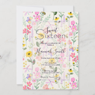 Invitation Aquarelle Fleurs roses Papillons Jardin