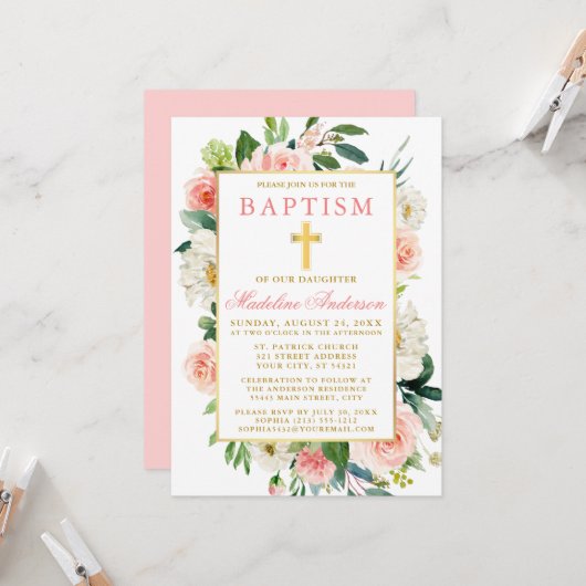 Invitation Aquarelle Fleurs Roses Pink Gold Baptism (Devant/Arrière en situation)