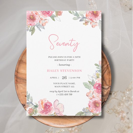 Invitation Aquarelle Fleurs Roses Soixante-dix 70e Anniversai