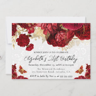 Invitation Aquarelle Fleurs rouge et or 21e anniversaire