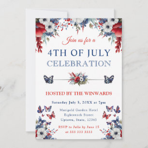 Invitation Aquarelle Fleurs Rouges, Bleues & Blanches 4 Juill