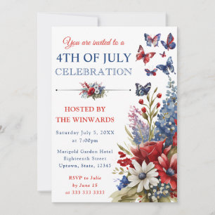 Invitation Aquarelle Fleurs Rouges, Bleues & Blanches 4 Juill