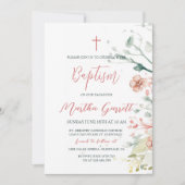 Invitation Aquarelle Fleurs rouges et vertes Fille Baptême (Devant)