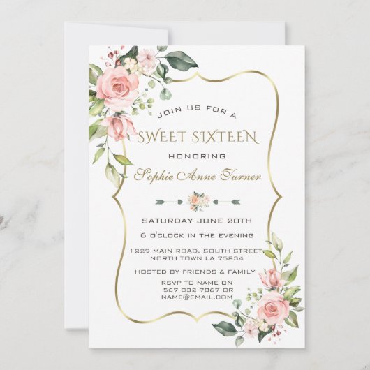 Invitation Aquarelle Fleurs Rouges Or Frame Sweet 16 (Devant)