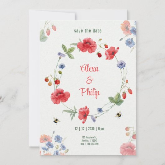 Invitation Aquarelle Fleurs Rouges Rustiques Fraises (Devant)