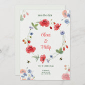 Invitation Aquarelle Fleurs Rouges Rustiques Fraises (Devant / Derrière)