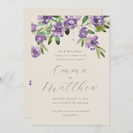 Invitation Aquarelle Fleurs rustiques Mariage violet (Devant / Derrière)